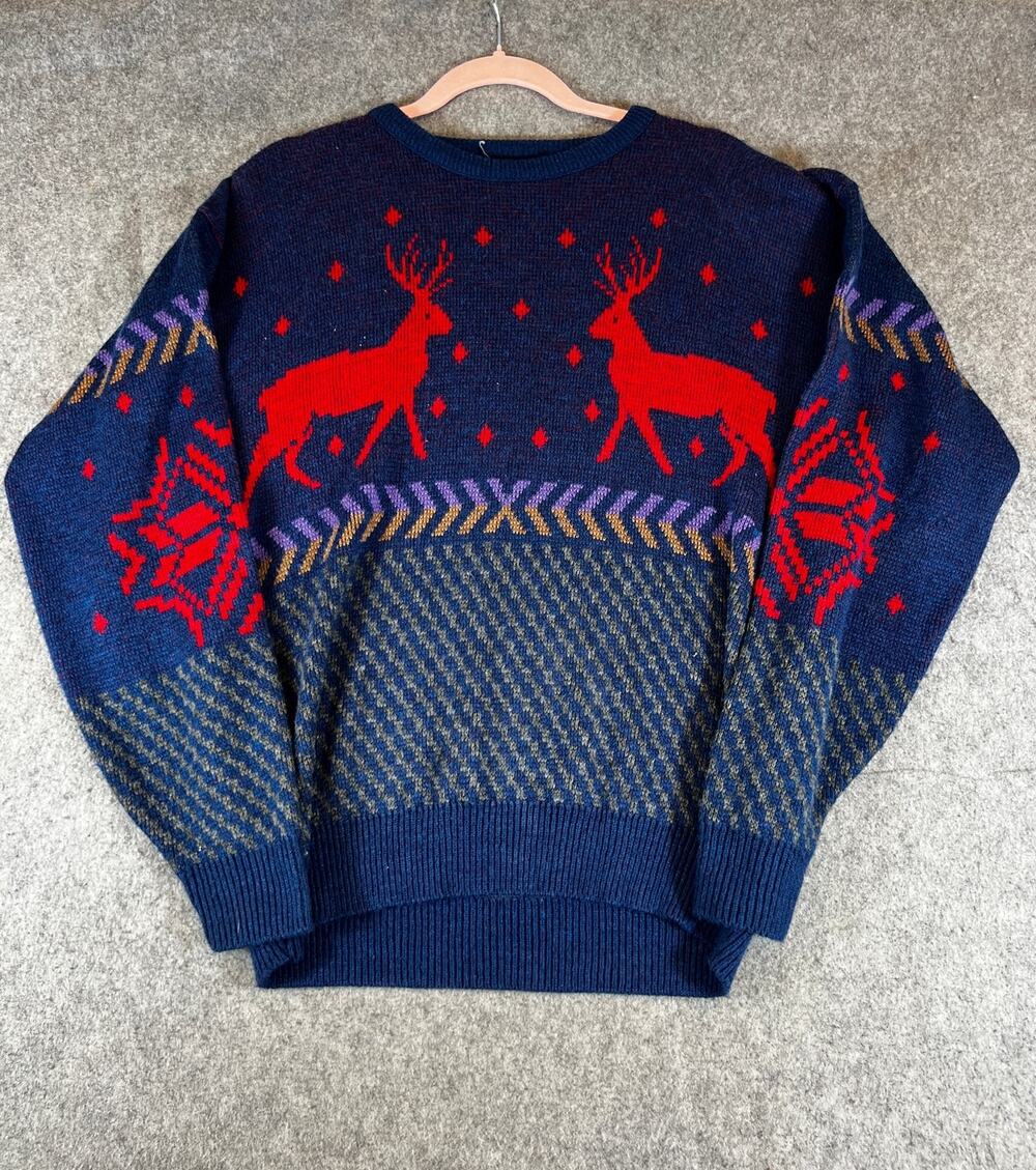 VTG 60s Pinnacle Sweater Mens Medium Blue Reindeer Fair Isle Knit Pullover